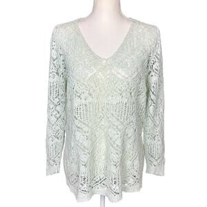 Joseph A Top Sz Large Crochet Mint Green Cotton Boho Coquette Open Knit Sweater